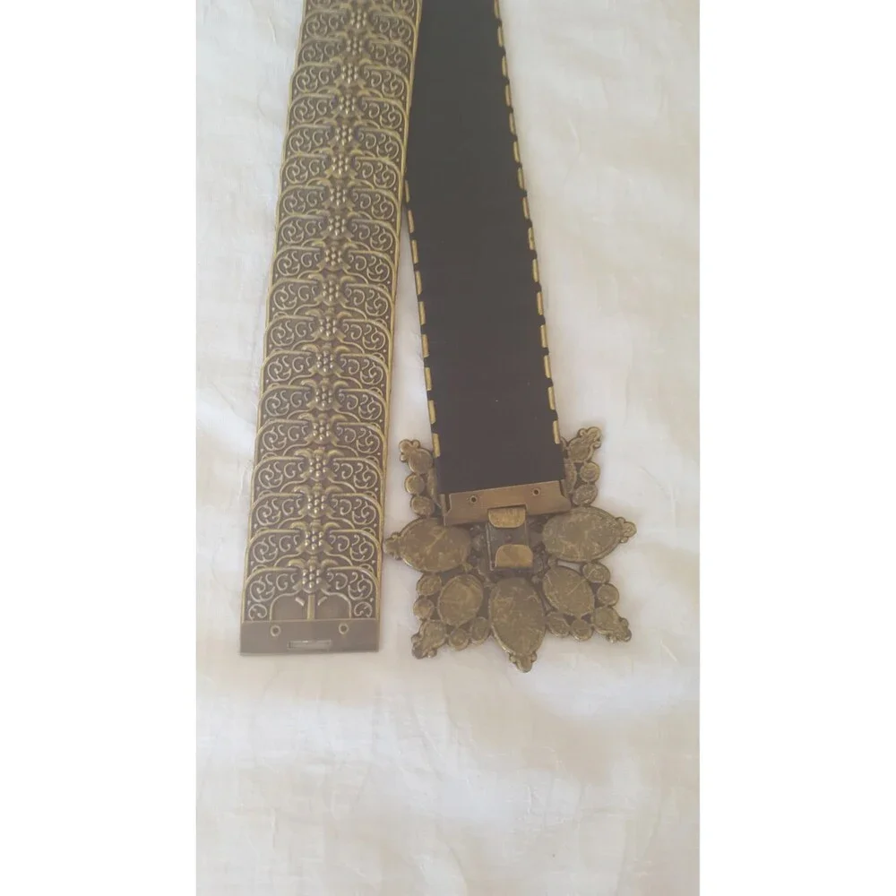 Vintage Art Deco Tan Rhinestone Buckle with snakeskin metal belt-30 inches plus
